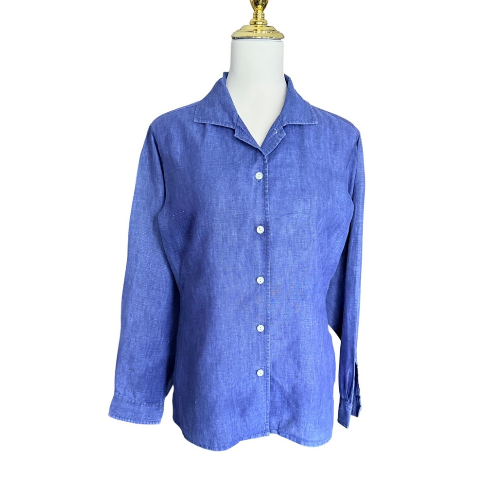 Vintage LL Bean Womens Blue 100% Linen Button Down Shirt Long Sleeve Small OKL76
